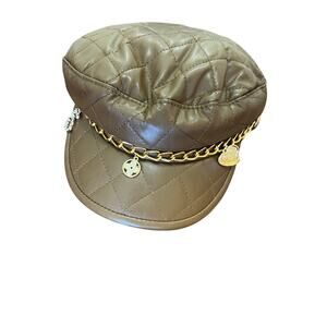 Faux leather Quilting Multi Charm Chain Cabby Hat Y2K grunge light brown